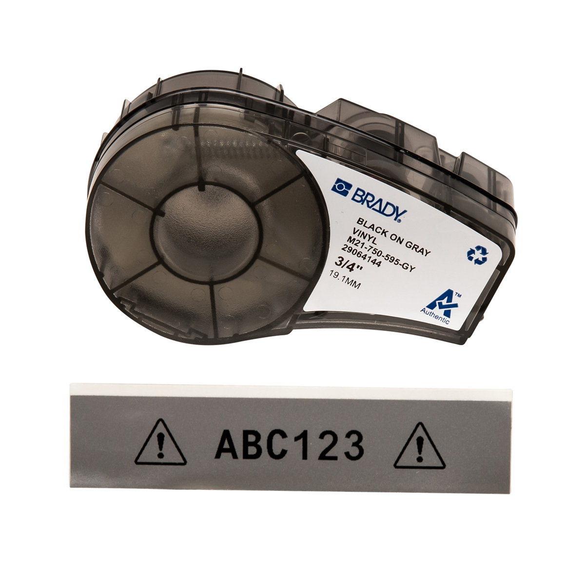 M21-750-595-GY BPM21 Printer Label, 21 ft L x 3/4 in W, For Use With BMP 21 PLUS Portable Label Printers, IDPAL and LABPAL Handheld Label Maker, B-595 Vinyl, Black on Gray