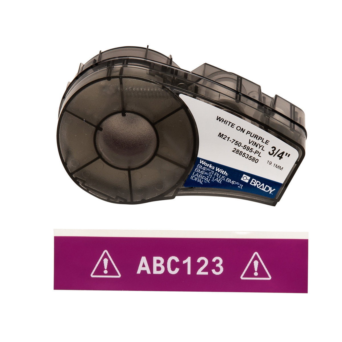 M21-750-595-PL BPM21 Printer Label, 21 ft L x 3/4 in W, For Use With BMP 21 PLUS Portable Label Printers, IDPAL and LABPAL Handheld Label Maker, B-595 Vinyl, White on Purple