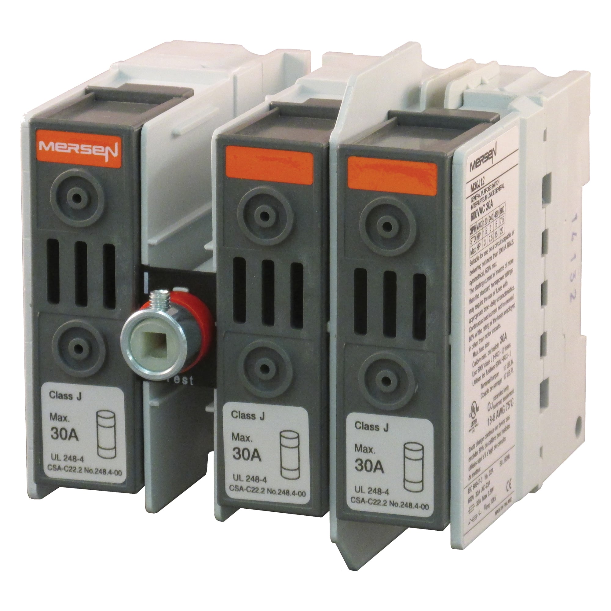 M30J12 1+2 Position Class J Fusible Disconnect Switch, 600 V AC, 30 A, 2 hp, 3 hp, 7-1/2 hp, 15 hp, 20 hp, 3 Poles
