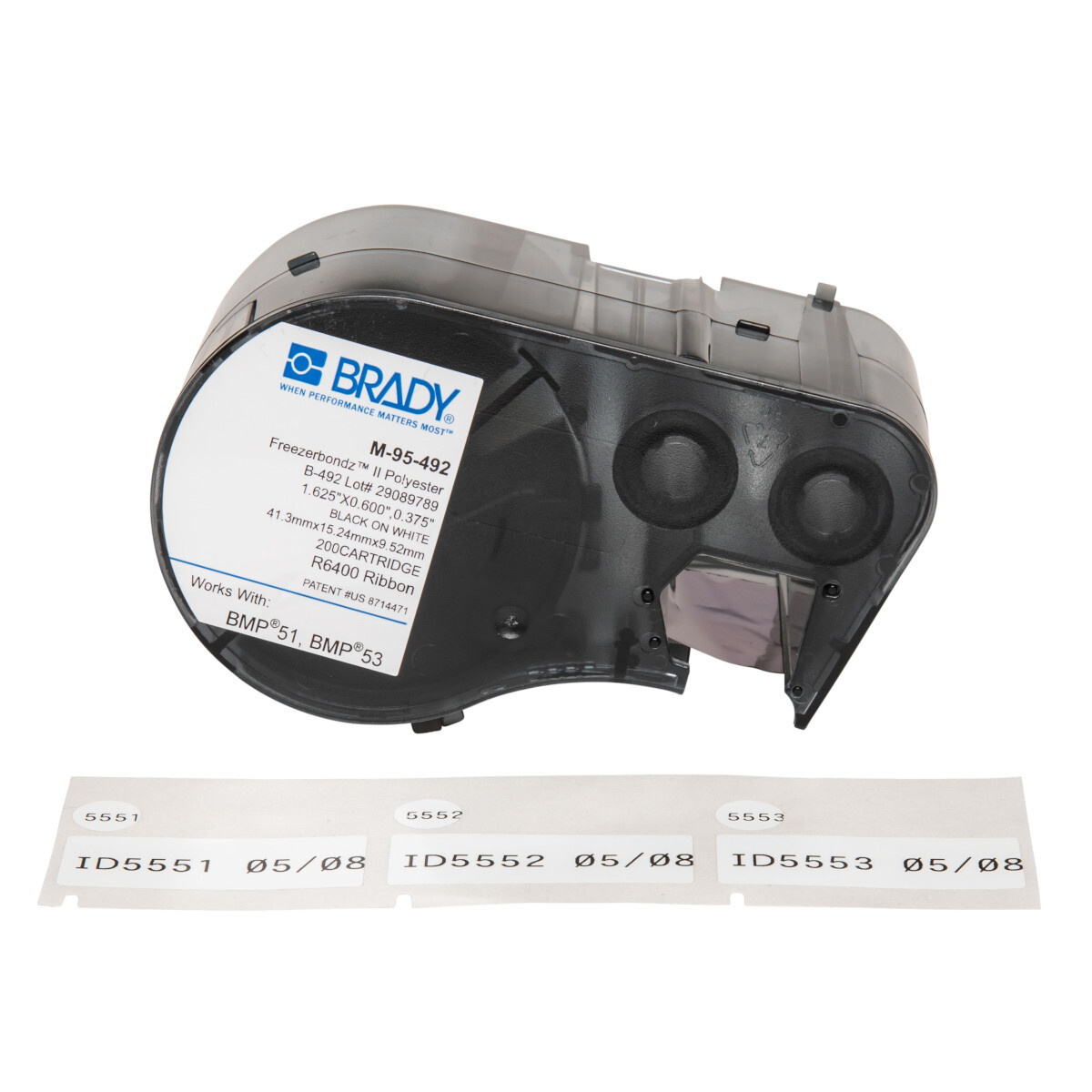 M-95-492 M Series Rectangular Cartridge Label, 0.6 in L x 1-5/8 in W, For Use With BMP 51 and BMP 53 Label Maker, B-492 Polyester, Black on White