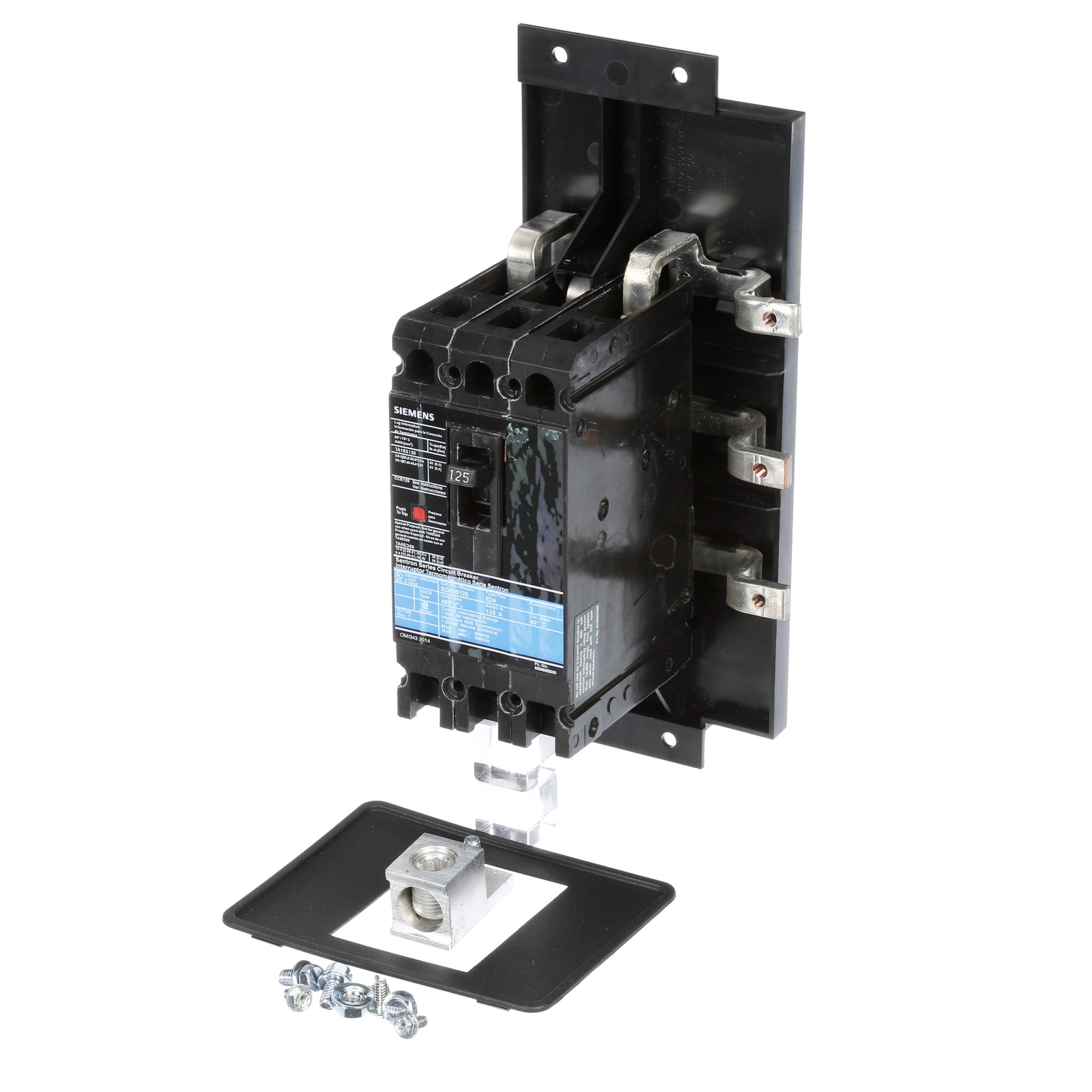MBKED3125A Sentron Main Breaker Mounting Kit With Breaker, For Use With ED4 Breaker in P1 Next Generation Panelboard and ED43B125 Circuit Breaker, 125 A, 3-Pole, 65 kA at 240 V AC, 18 kA at 480 V AC Interrupt Rating, Composite
