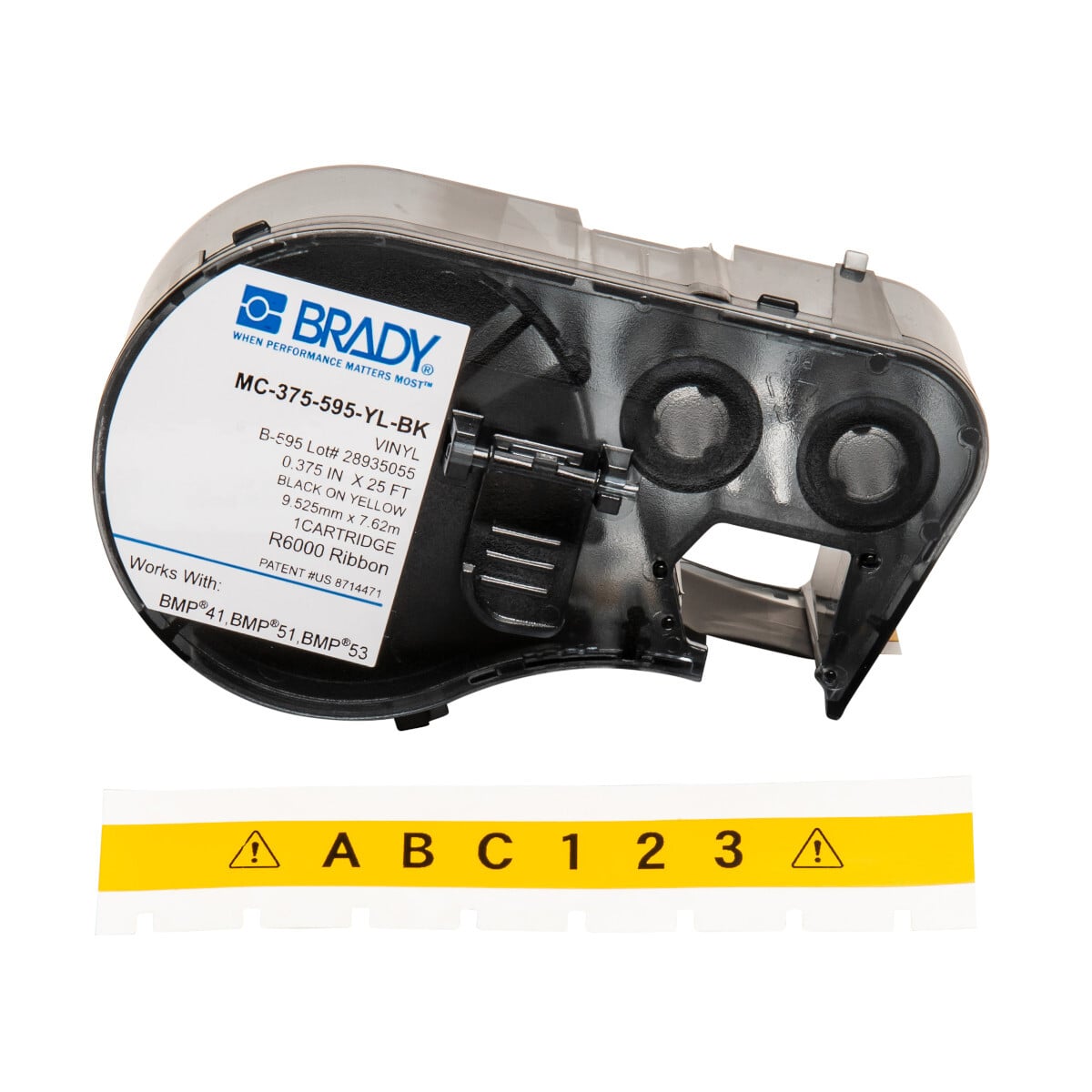 MC-375-595-YL-BK BMP21 Non-Reflective Industrial Label, 25 ft L x 3/8 in W, Black on Yellow, B-595 Adhesive Vinyl Film