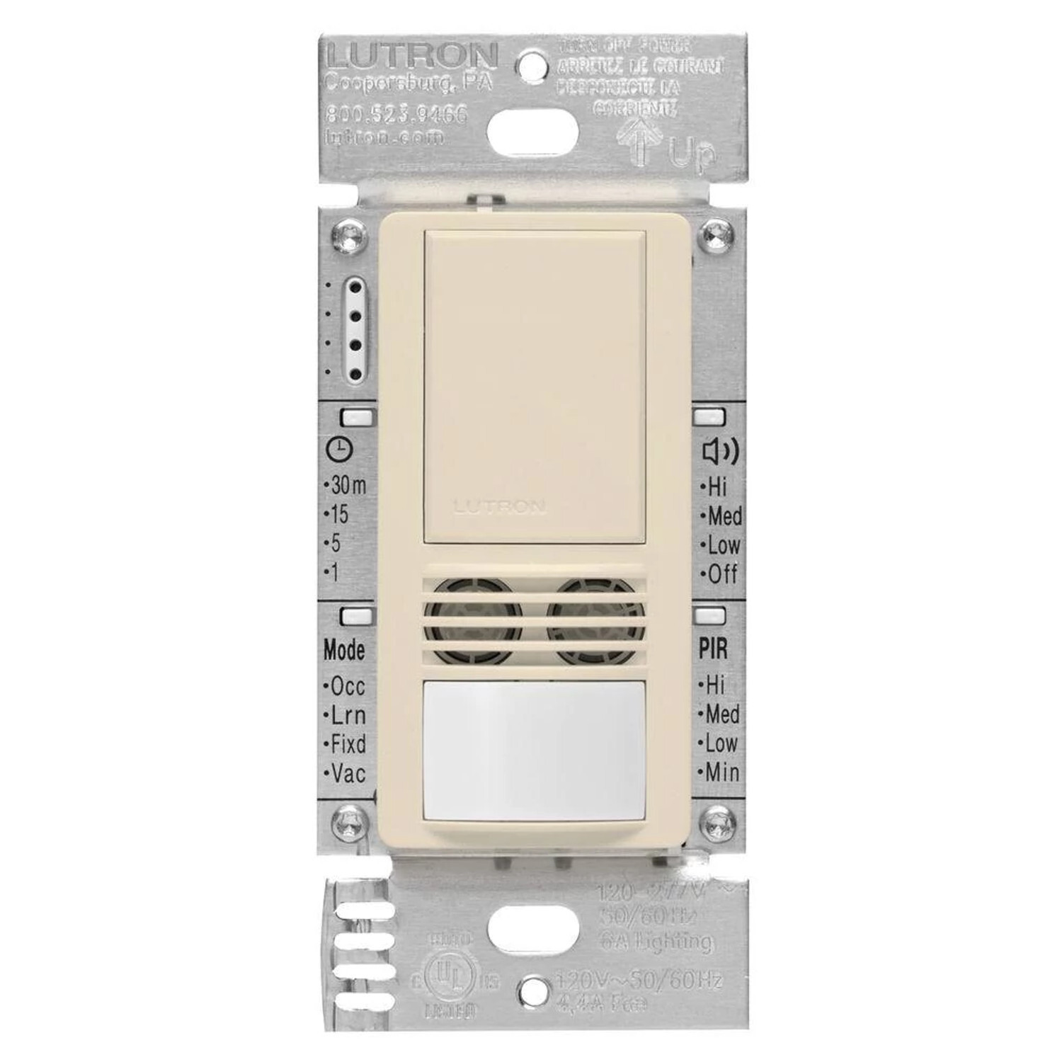MS-A102-LA Maestro Dual-Tech Motion Sensor Switch, 6 Amp, 120-277V, 1 Pole, Ground or Neutral Required, Light Almond