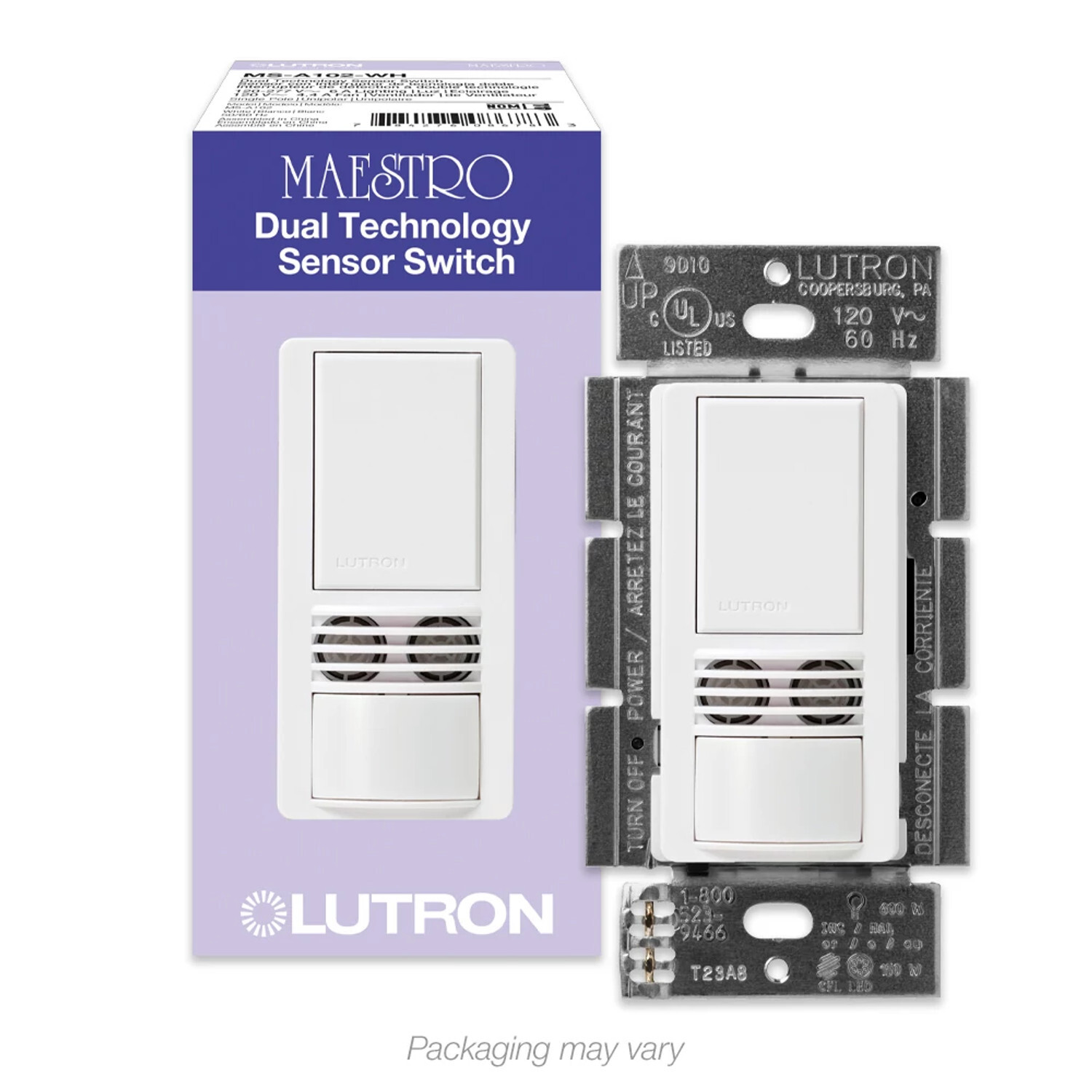 MS-A102-V-WH Maestro Dual-Tech Motion Sensor Switch, Vacancy, 6 Amp, 120-277V, 1 Pole, Ground or Neutral Required, White