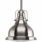 The One-Light mini-pendant features industrial roots in both form and function. The Brush Nickel finish highlight the high-quality prismatic glass which adds to the historical aesthetic. Perfect above a kitchen island in pairs or threes, use for additional ambience or task lighting in a bathroom, bedroom or anywhere a pendant light can be placed.