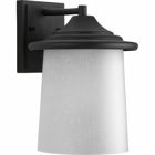 Outdoor one-light medium wall lantern with a white linen glass shade in a Black finish.