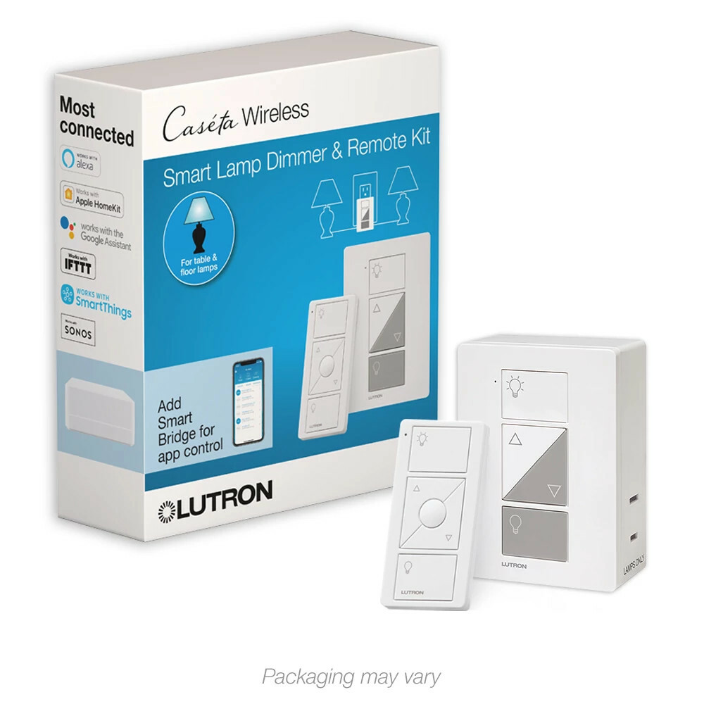P-PKG1P-WH Caseta Smart Plug-In Lamp Dimmer Kit with 100W LED Lamp Dimmer and 3-Button with Raise/Lower Pico Smart Remote, White