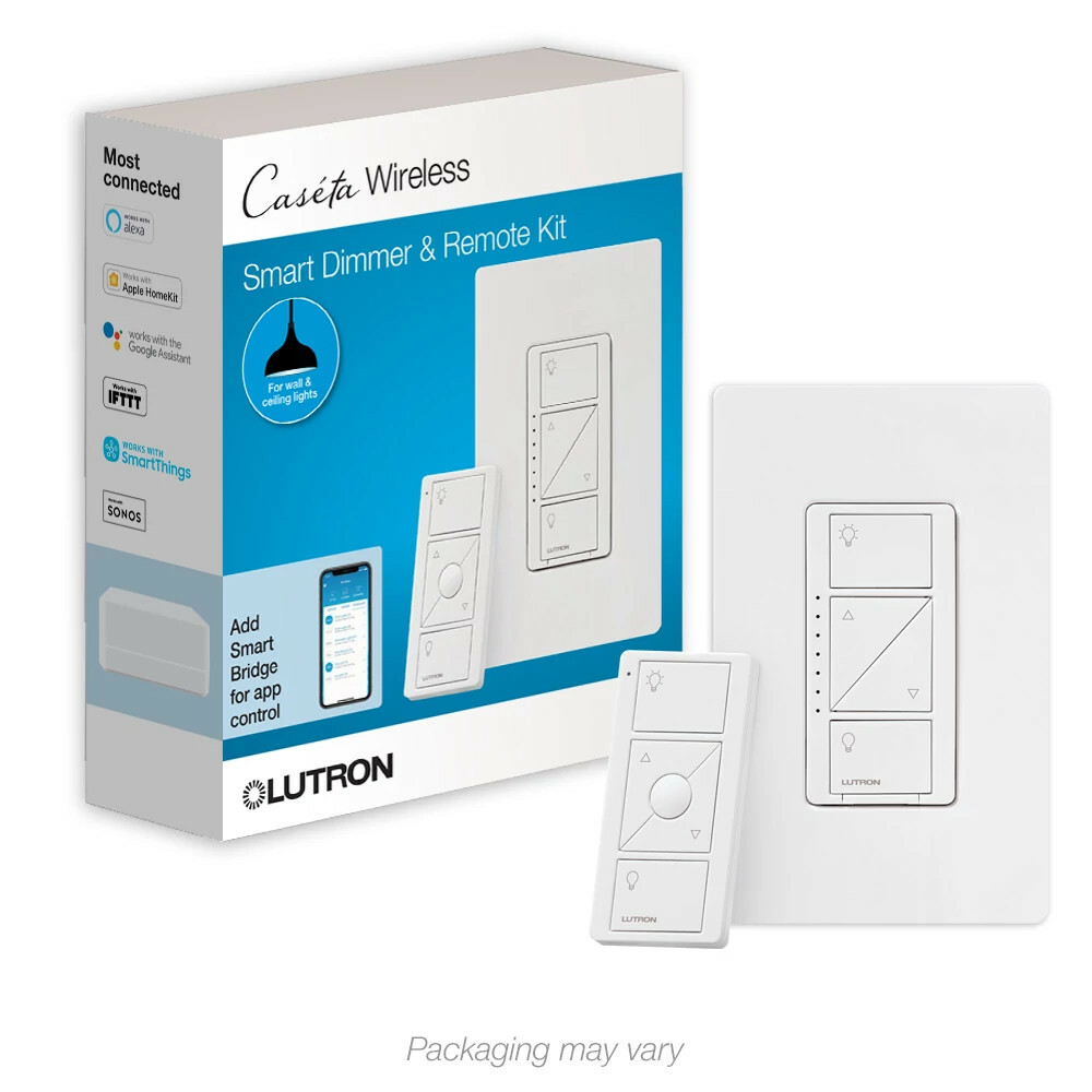 P-PKG1W-WH Caseta Original Smart Lighting Dimmer Switch and Remote Kit, 150W LED+ Dimmer/3-Button Pico Smart Remote/Claro Wall Plate, White
