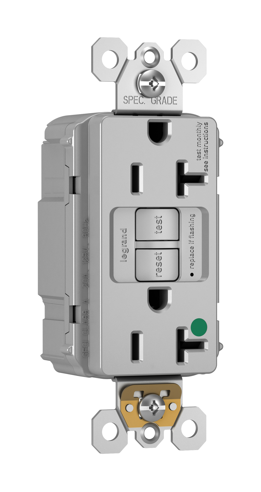 PT2097HGGRY PlugTail 20 Amp Duplex GFCI Receptacle SafeLock Protection, Gray