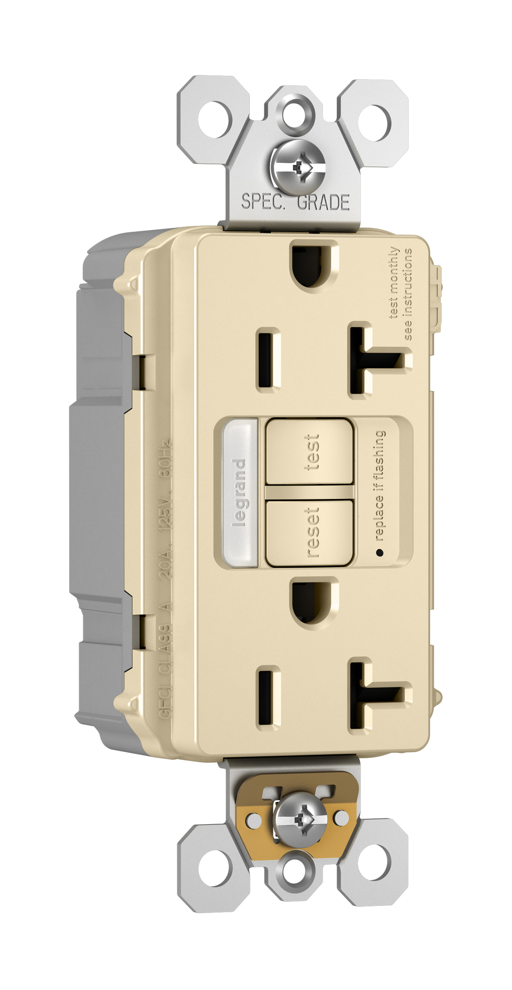 PT2097NTLTRI PlugTail 20 Amp Duplex GFCI Receptacle SafeLock Protection and Night Light, Ivory