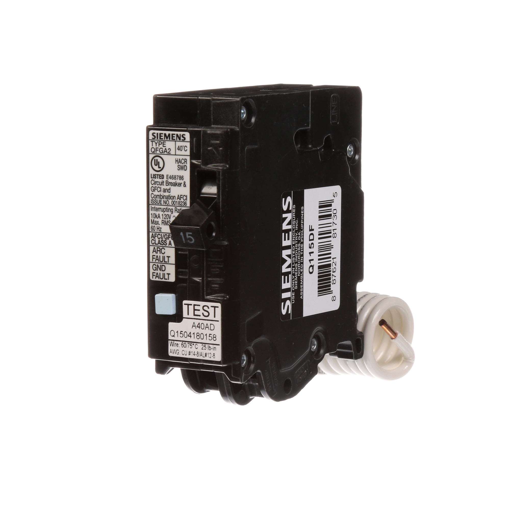 Q115DF Type QFGA2 AFCI/GFCI Combination Circuit Breaker, 120 V AC, 15 A, 10 kA Interrupt, 1 Poles, Thermal Magnetic Trip
