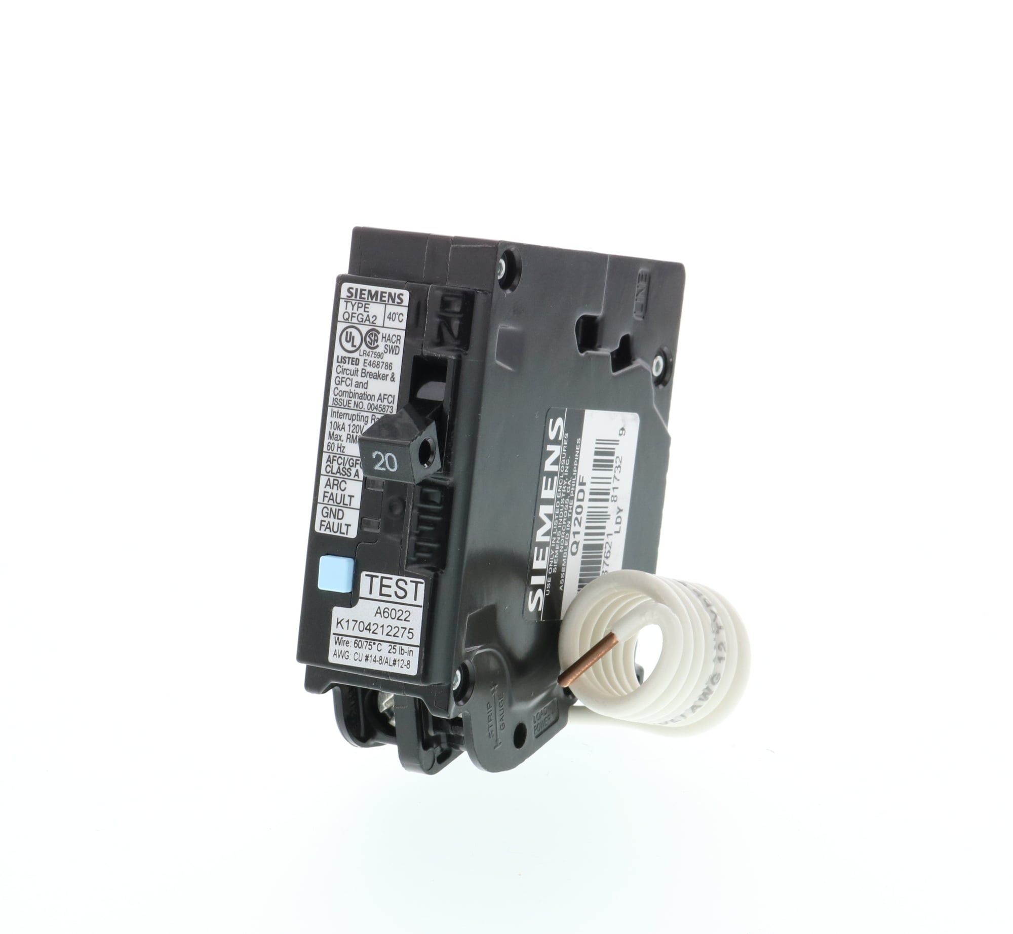 Q120DF Type QFGA2 AFCI/GFCI Circuit Breaker, 120 V AC, 20 A, 10 kA Interrupt, 1 Poles, Thermal Magnetic Trip