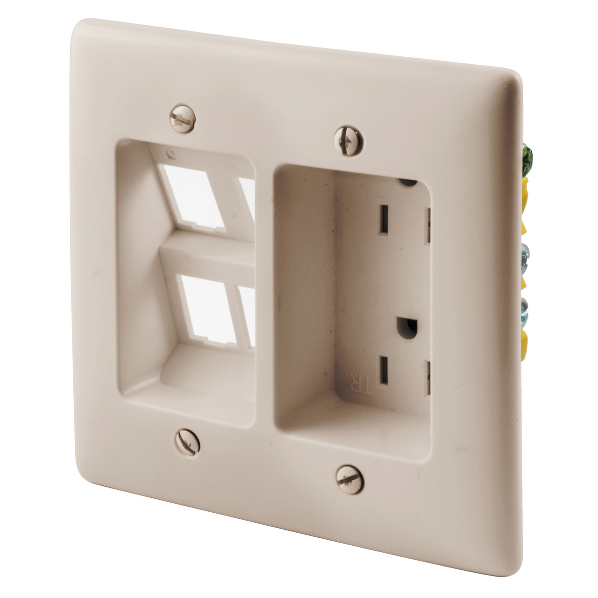 RR1514LA 1-Phase 2-Gang Duplex Standard Tamper Resistant Screw Mount Recessed Receptacle With Snap-Fit Plate, 125 VAC, 15 A, 2 Poles, 3 Wires, Light Almond