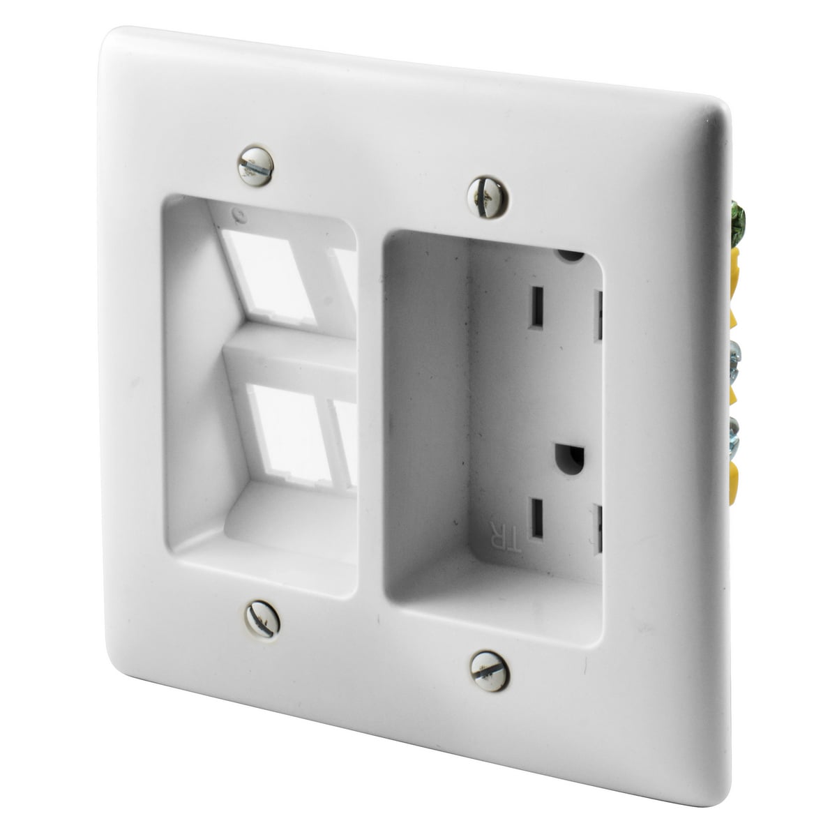 RR1514W 1-Phase 2-Gang Duplex Standard Tamper Resistant Screw Mount Recessed Receptacle, 125 V AC, 15 A, 2 Poles, 3 Wires, White