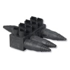 Aluminum Flood-Seal   Multi-Port Connectors - RMX Series, Insulated - EPDM Rubber Coated, Wire Range #2 - 1000 kcmil AL-CU.  Custom Order, length 7-1/4 inch, outlets 4.  Includes (8) Screws, (8) Black Plugs, (4) Caps with Liners.  3 Outlets on one side and 1 Outlet on other side in a 2-1-1 arrangement.