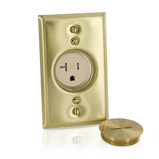 T5350-B Single Tamper Resistant Display Receptacle With Brass Wallplate, Screw Cap, 125 V AC, 20 A, 2 Poles, 3 Wires, Ivory