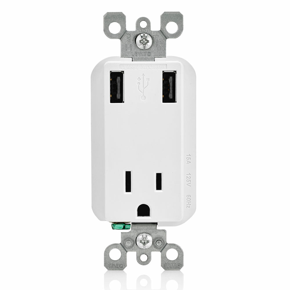 T5631-2W Combination Tamper-Resistant Receptacle/Outlet and USB Charger, 15 A, 125 V AC, 0.5 hp, 2 Poles, White