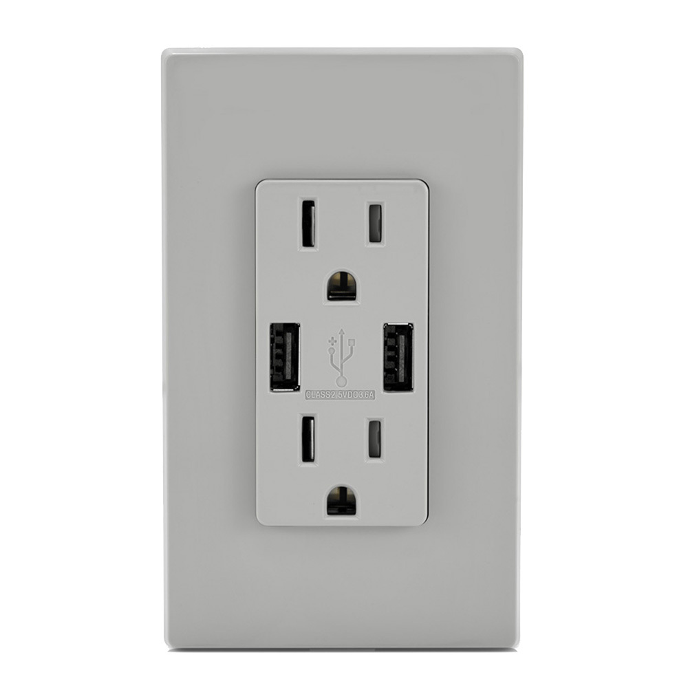 T5632-GY Decora Duplex Grounding Tamper-Resistant Receptacle and USB Charger, 15 A, 125 VAC, 0.5 hp, 2 Poles, Gray