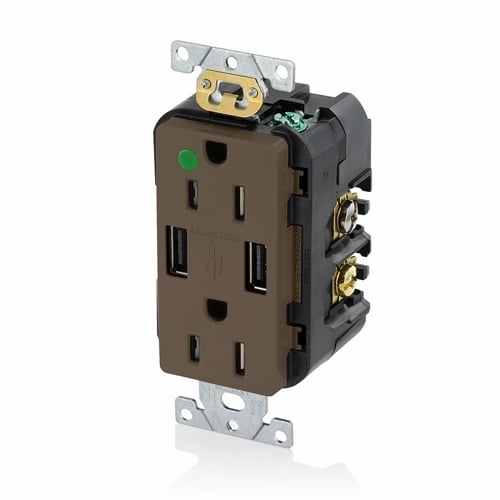 T5632-HG Type A Duplex Tamper-Resistant Receptacle and USB Charger, 15 A/125 V AC/0.5 hp, 2 Poles, 3 Wires, Brown