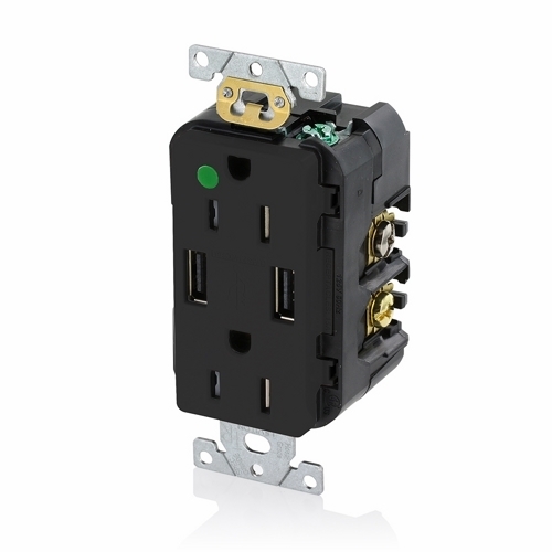 T5632-HGE Type A Duplex Tamper-Resistant Receptacle and USB Charger, 15 A/125 V AC/0.5 hp, 2 Poles, 3 Wires, Black