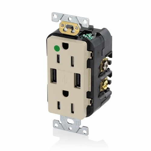 T5632-HGI Type A Duplex Tamper-Resistant Receptacle and USB Charger, 15 A/125 V AC/0.5 hp, 2 Poles, 3 Wires, Ivory