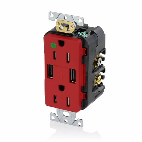 T5632-HGR Type A Duplex Tamper-Resistant Receptacle and USB Charger, 15 A/125 V AC/0.5 hp, 2 Poles, 3 Wires, Red