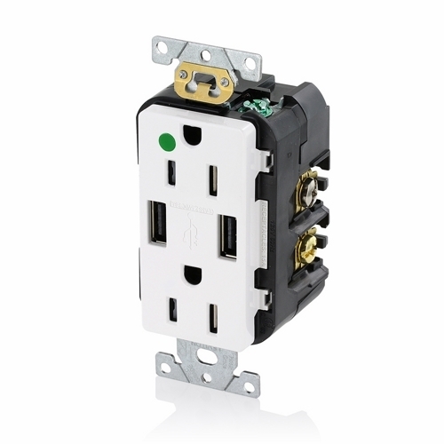 T5632-HGW Type A Duplex Tamper-Resistant Receptacle and USB Charger, 15 A/125 V AC/0.5 hp, 2 Poles, 3 Wires, White