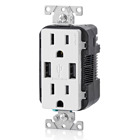 15 Amp / 125 Volt. Combination Duplex Receptacle and USB Charger.  Decora Tamper-Resistant Receptacle. NEMA 5-15R. 3.6 Amps.  5VDC.  2.0 Type A USB Chargers. Grounding And Side Wired And Back Wired - White