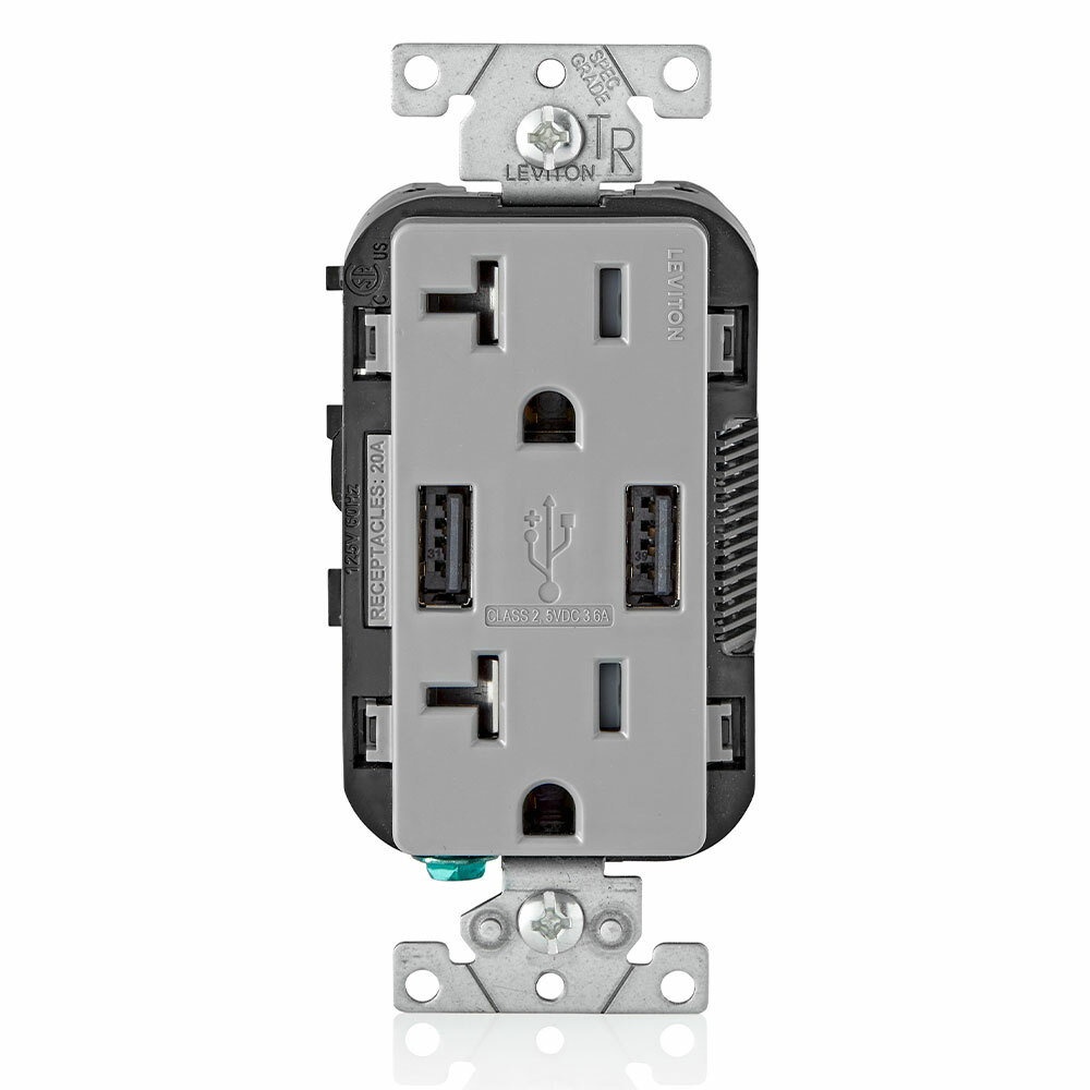 T5832-GY Decora Duplex Tamper-Resistant Receptacle and USB Charger, 20 A, 125 V AC, Gray