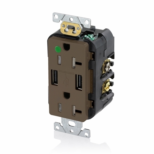 T5832-HG Type A Grounding Hospital Grade Tamper-Resistant Receptacle and USB Charger, 20 A at 125 V AC, 2 Poles, 3 Wires, Brown