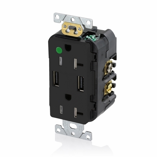 T5832-HGE Type A Combination Duplex Tamper-Resistant Receptacle and USB Charger, 20 A, 125 V AC, 1 hp, 2 Poles, 3 Wires, Black
