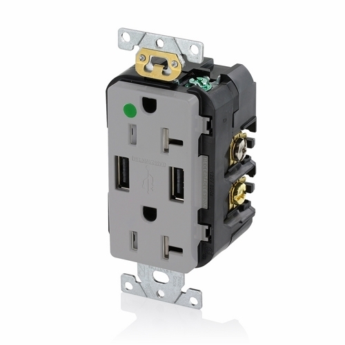 T5832-HGG Combination Grounding Tamper-Resistant USB Charger Receptacle With USB, 125 V AC, 20 A, 1 hp, 2 Poles, 3 Wires, Gray