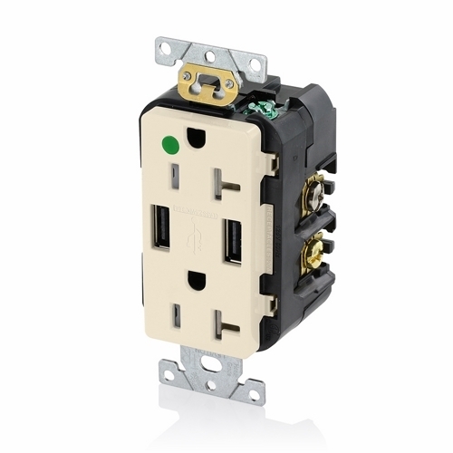 T5832-HGT Type A Combination Duplex Tamper-Resistant Receptacle and USB Charger, 20 A, 125 V AC, 1 hp, 2 Poles, 3 Wires, Light Almond
