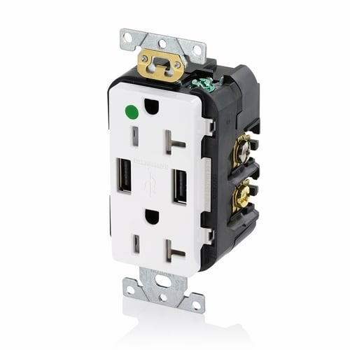 T5832-HGW Type A Combination Duplex Tamper-Resistant Receptacle and USB Charger, 20 A, 125 V AC, 1 hp, 2 Poles, 3 Wires, White