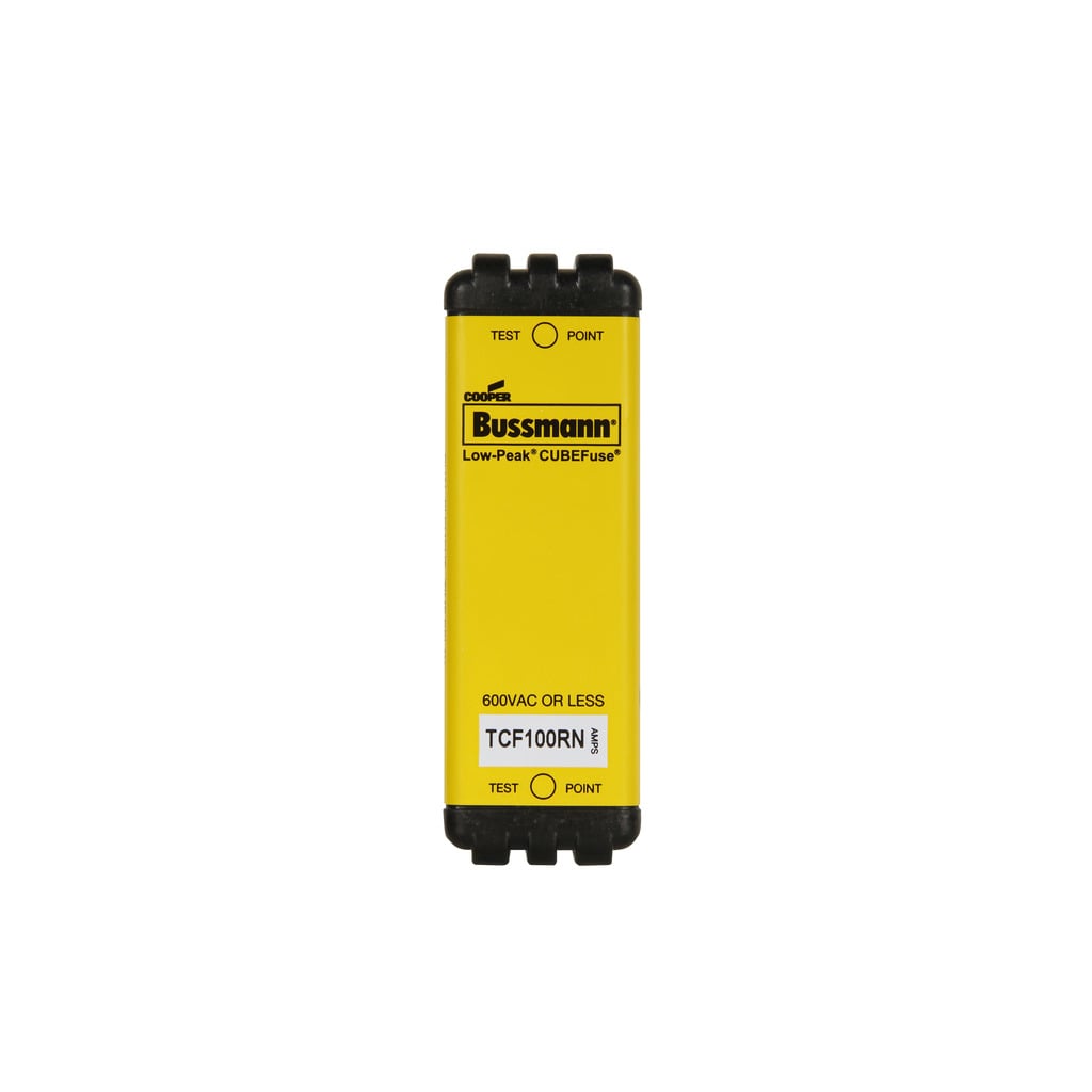 Eaton Bussmann series TCF fuse, 100 A, 60 Hz, 50 Hz, Dual, CF, Black, Non-indicating, Blade end, Time delay, 10 sec at 500%, 300 kAIC at 600 V,100 kAIC at 300 Vdc, Glass filled PES, Chassis,35 mm DIN rail, 600 V, 300 Vdc