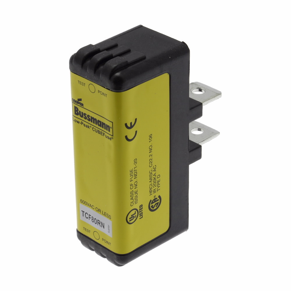 TCF80RN CUBEFuse TCFRN Finger Safe Inrush Current Withstand Time Delay Non-Indicating Cartridge Fuse, 80 A, 600 V AC/300 V DC, 100/300 kA Interrupt, Class: CF, Square Blade Body
