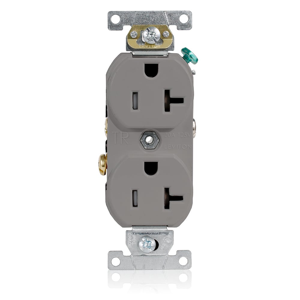 TCR20-GY Duplex Self-Grounding Tamper and Weather Resistant Straight Blade Receptacle, 125 V AC, 20 A, 2 Poles, 3 Wires, Gray