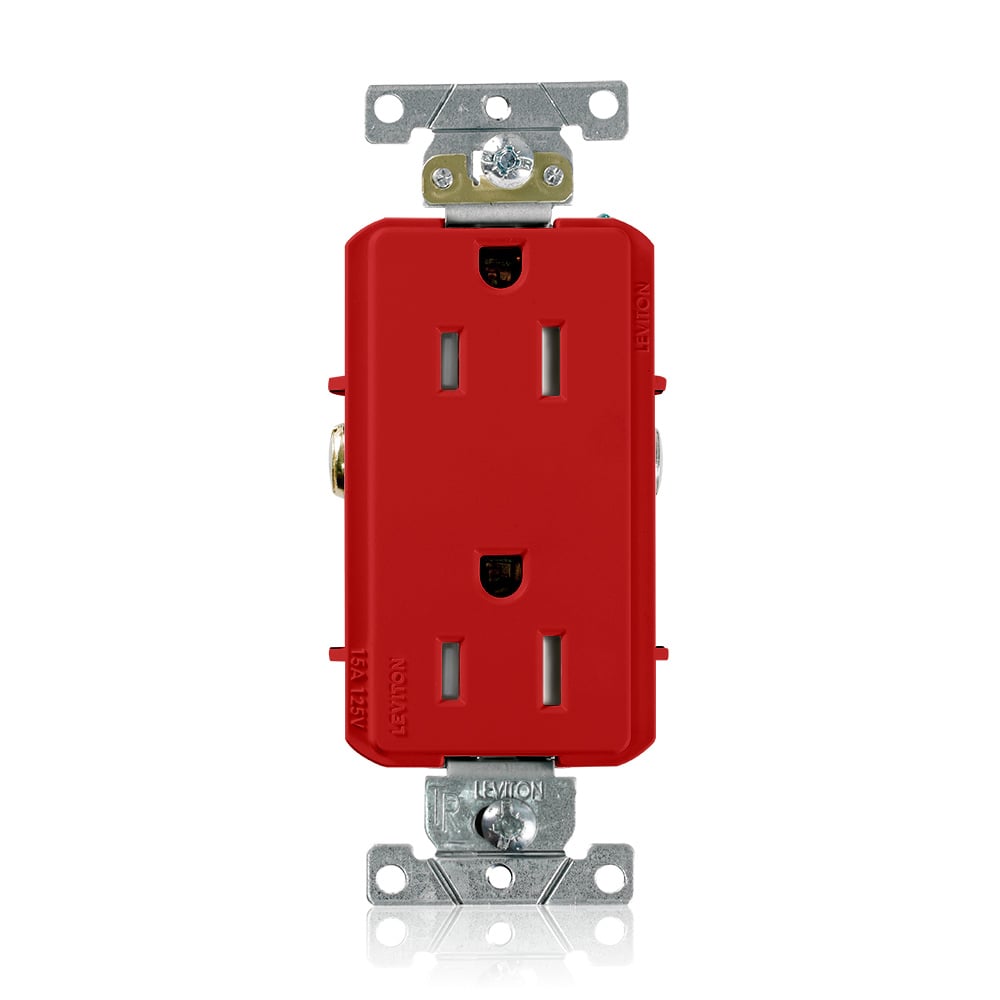 TDR15-R Decora Plus Heavy Duty Tamper Resistant Straight Blade Duplex Receptacle, 125 V AC, 15 A, 2 Poles, 3 Wires, Red