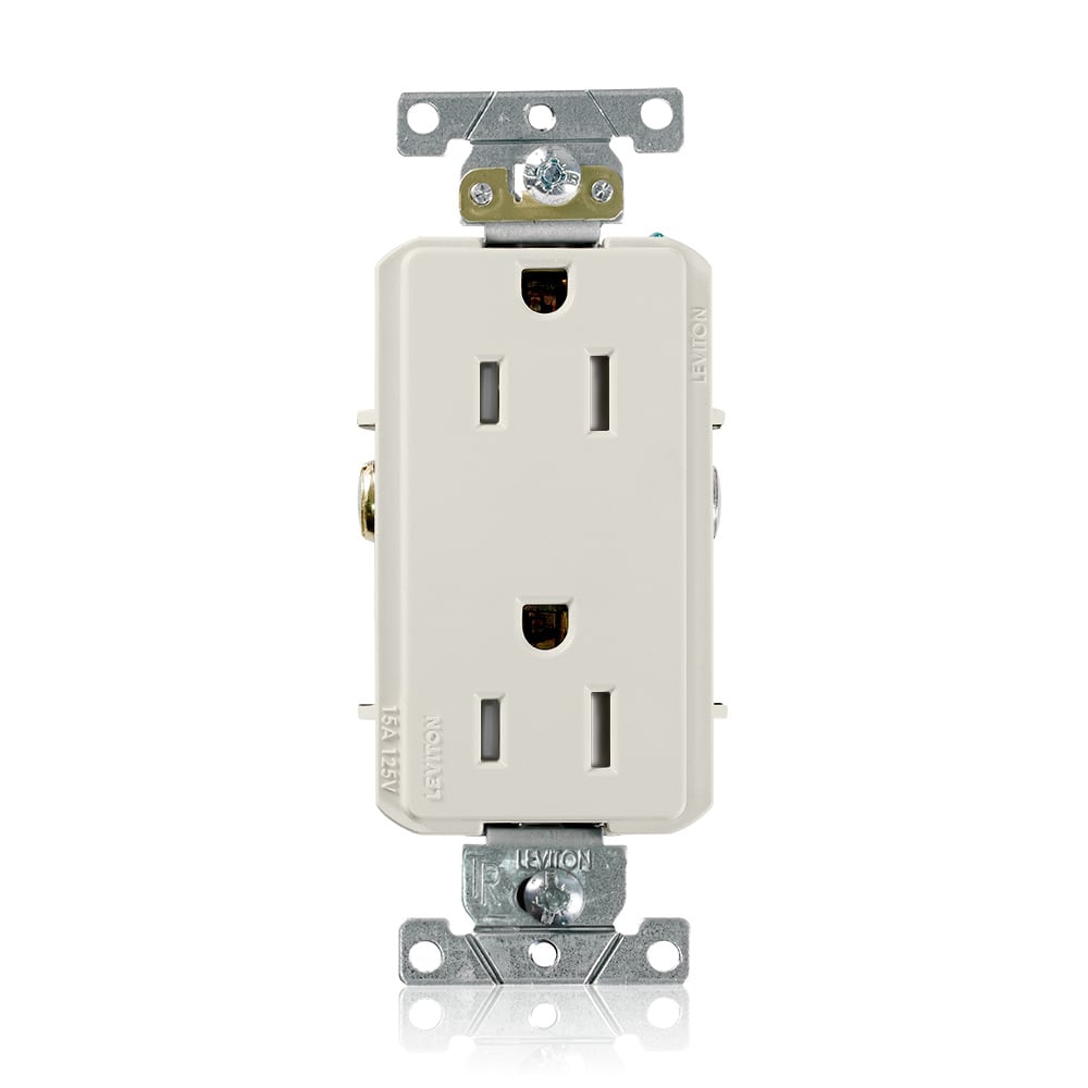 TDR15-T Decora Duplex Self-Grounding Straight Blade Receptacle, 125 V AC, 15 A, 2 Poles, 3 Wires, Light Almond