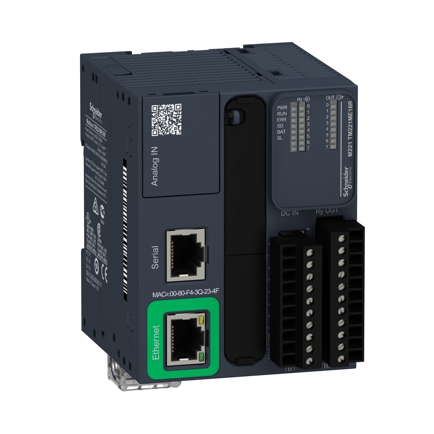 TM221ME16R Modicon M221 Modular Logic Controller With Embedded Ethernet Port, 24 V DC, 2 A, 8 Inputs, 8 Outputs, 5 to 125 V DC, 5 to 250 VAC Relay Normally Open Signal Range