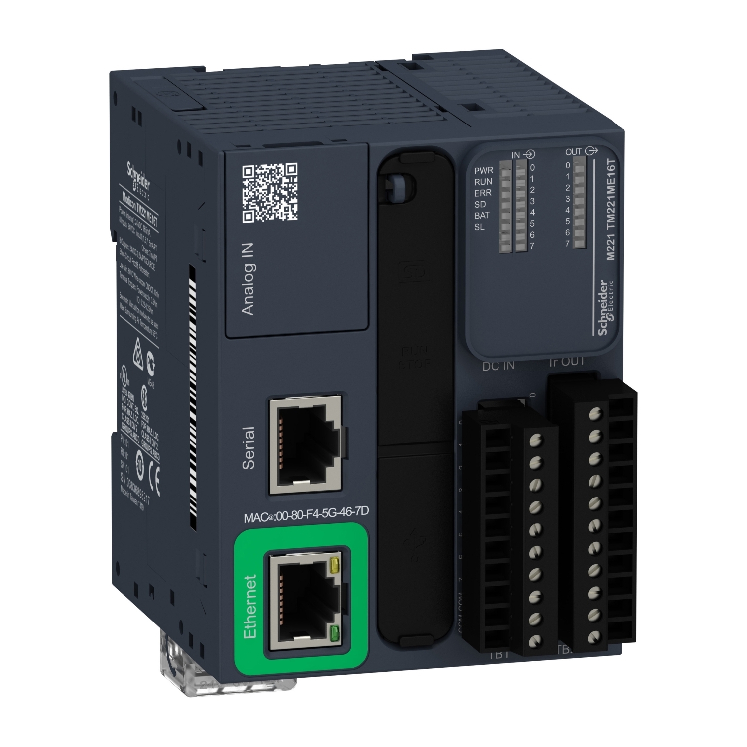 TM221ME16T Modicon I/O Transistor PNP EtherNet Logic Controller, 24 V DC, 0.5 A, 16 Inputs, 16 Outputs, 24 V DC Transistor, 7 mA Discrete, 5 mA Fast Input Signal Range