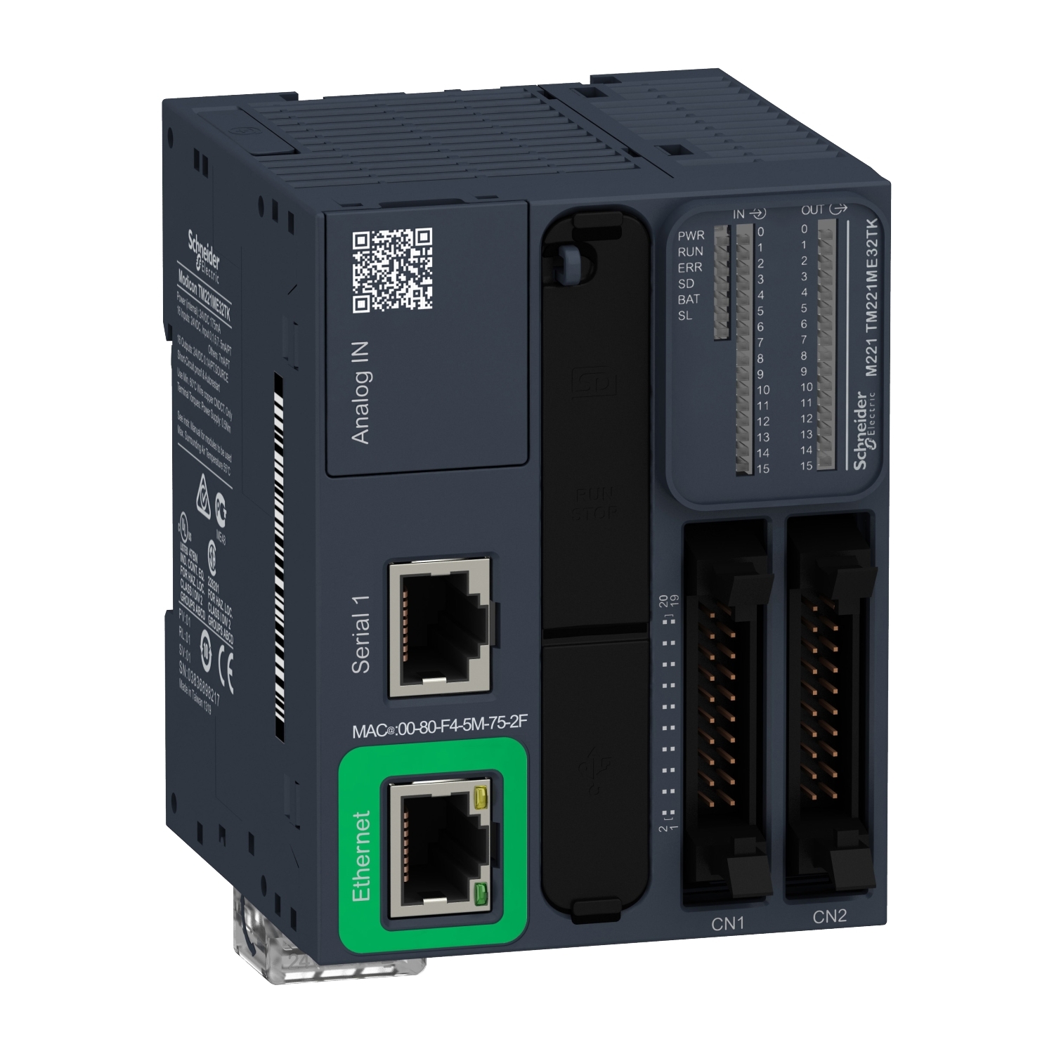 TM221ME32TK Modicon Modular Logic Controller With Embedded Ethernet Port, 20.4 to 28.8 V AC/24 V DC, 0.1 A, 16 Inputs, 16 Outputs, 24 V DC Transistor, 7 mA Discrete, 5 mA Fast Input Signal Range