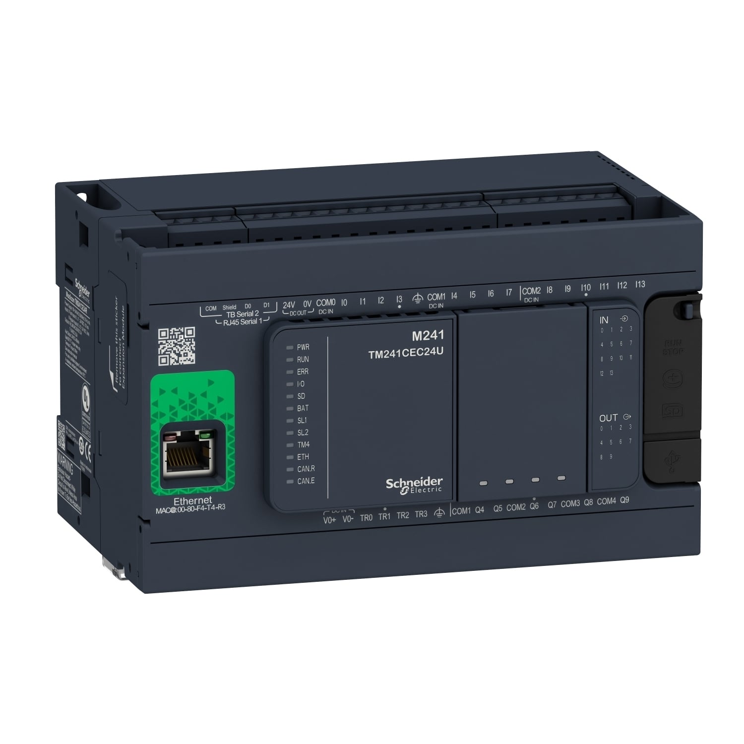 TM241CE24R Modicon M241 Logic Controller, 100 to 240 V AC, 2/0.1/0.5 A, 14 Inputs, 10 Outputs, 24 VDC/5 to 125 VDC/5 to 250 V AC Signal Range