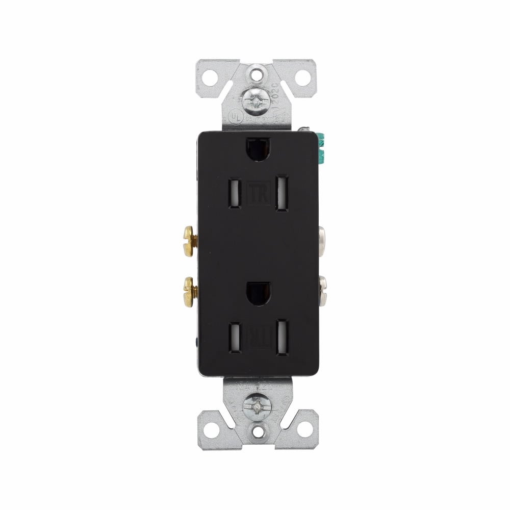 Eaton residential grade decorator duplex receptacle, #14-10 AWG, 15A, Commercial, Residential, Flush, 125V, Side and push, Black, Brass, Impact-resistant thermoplastic face, PVC body, 5-15R, Duplex, Screw, Thermoplastic, ED Box