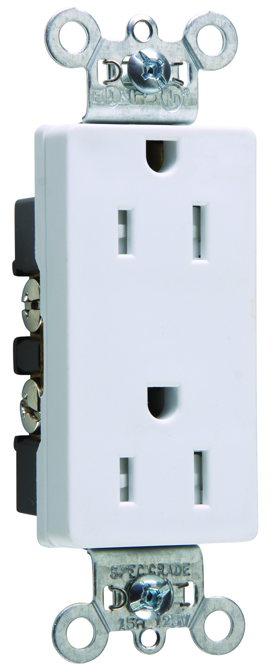 TR26252W 15 Amp 125V Spec-Grade Decorator Duplex Receptacle, Back and Side Wire, White