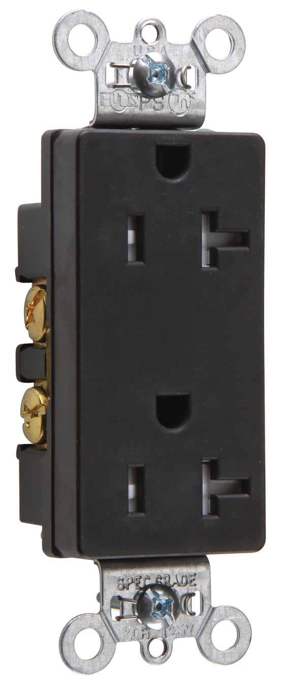TR26342BK 20 Amp 125V Spec-Grade Decorator Duplex Receptacle, Side Wire, Black