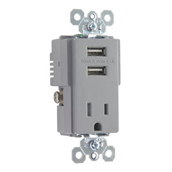 TR5261USBGRY Decorator USB Charger, 15 A, 125 V AC, 1 Phase, 2 Poles, 3 Wires, Gray