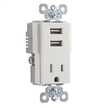 TR5261USBLA Decorator Single Tamper-Resistant Combination Receptacle, 15 A, 125 VAC, 1 Phase, 2 Poles, 3 Wires, Light Almond
