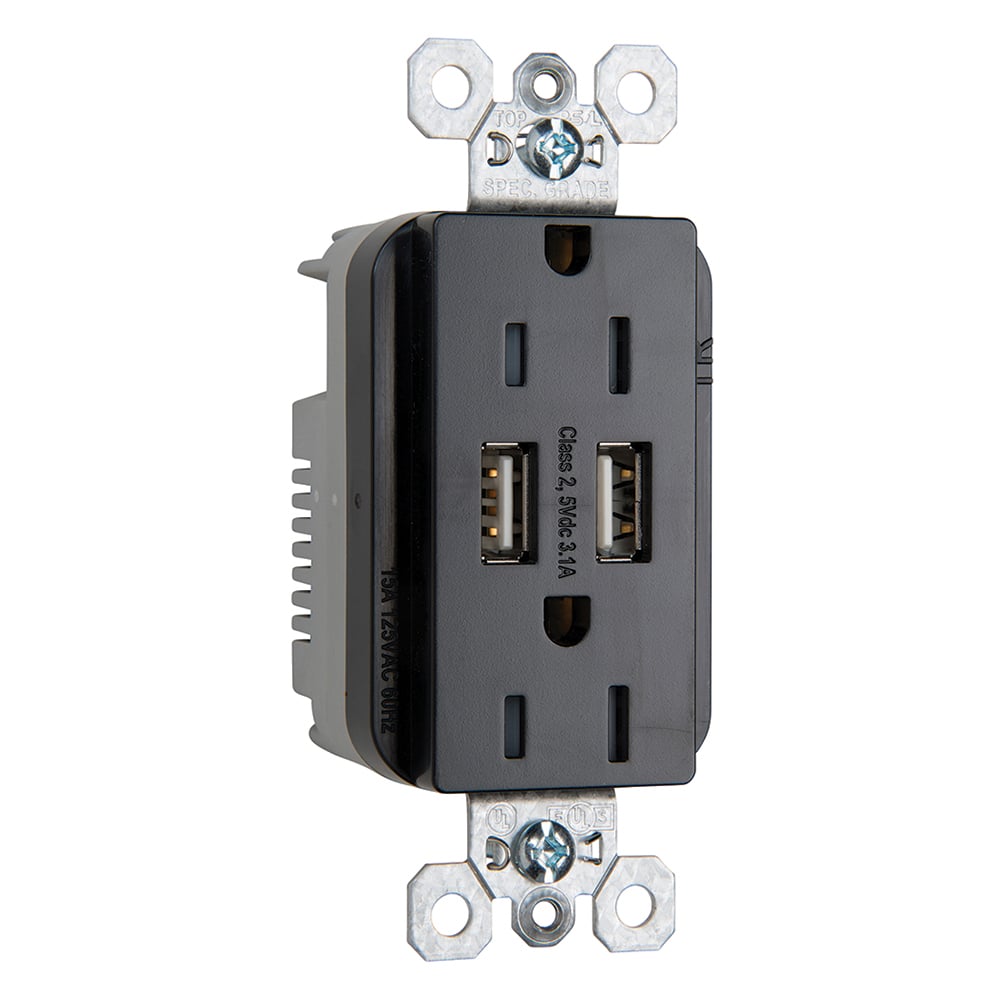 TR5262USBBK 15 Amp 125V Fed Spec-Grade USB Type A/A Outlet, Black
