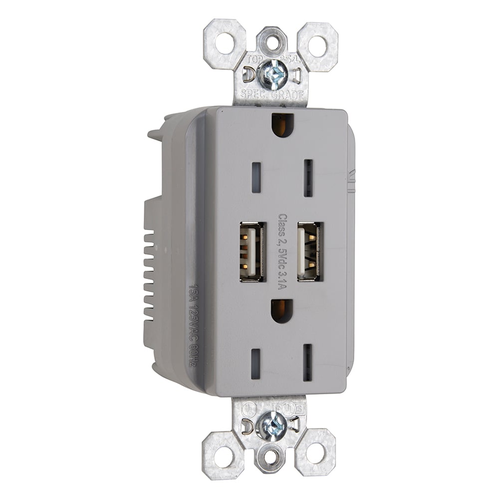 TR5262USBGRY 15 Amp 125V Fed Spec-Grade USB Type A/A Outlet, Gray